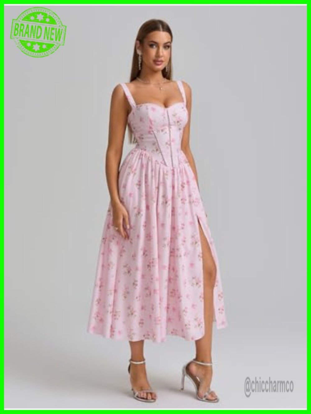 Floral Corset Midi Dress with Pockets Flowy Square Neck Smocked A-Line Summer - Picture 4 of 7